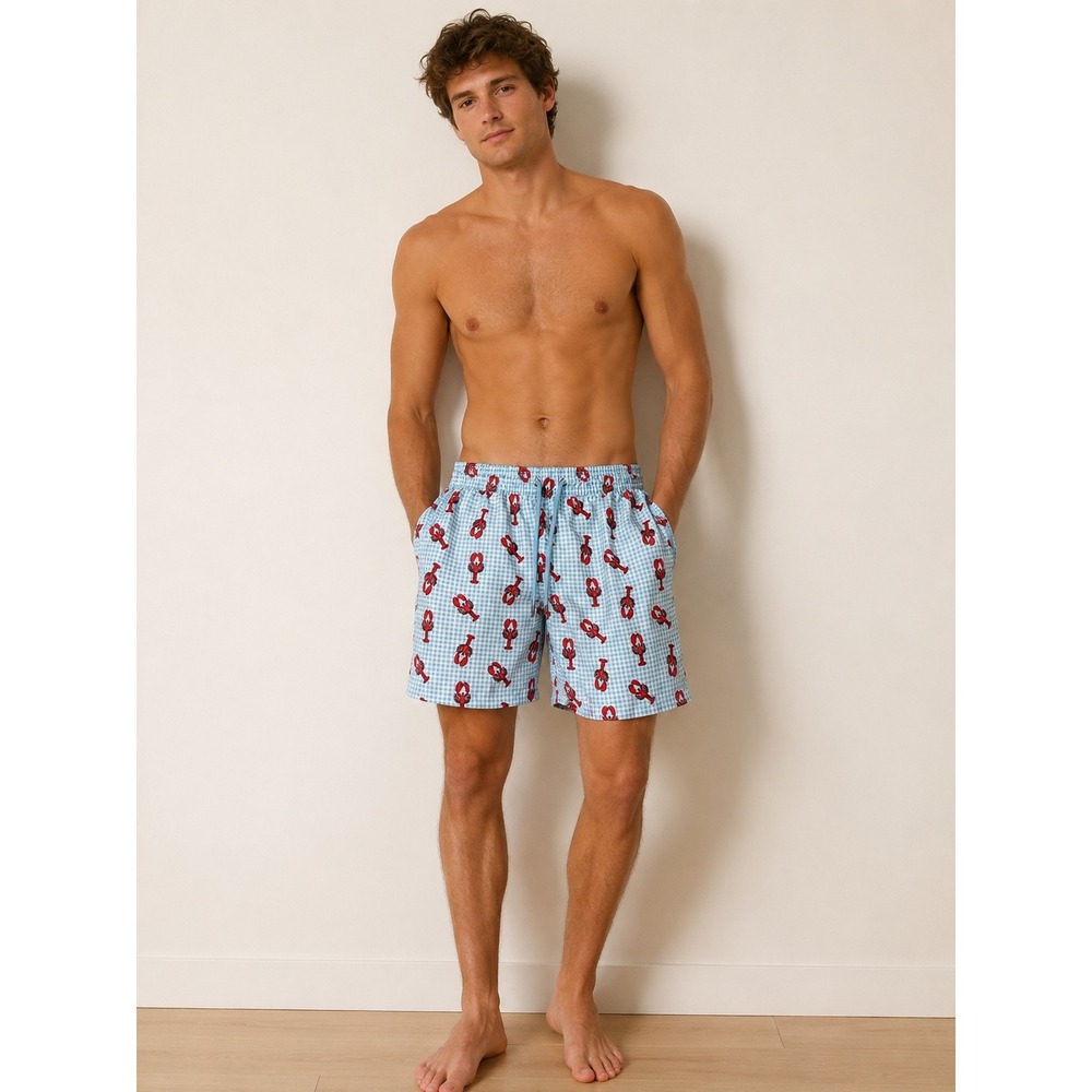 Mr. Swim Mens Lobster Gingham Swim Trunks Blue‎ White Red Medium Drawstring Mesh